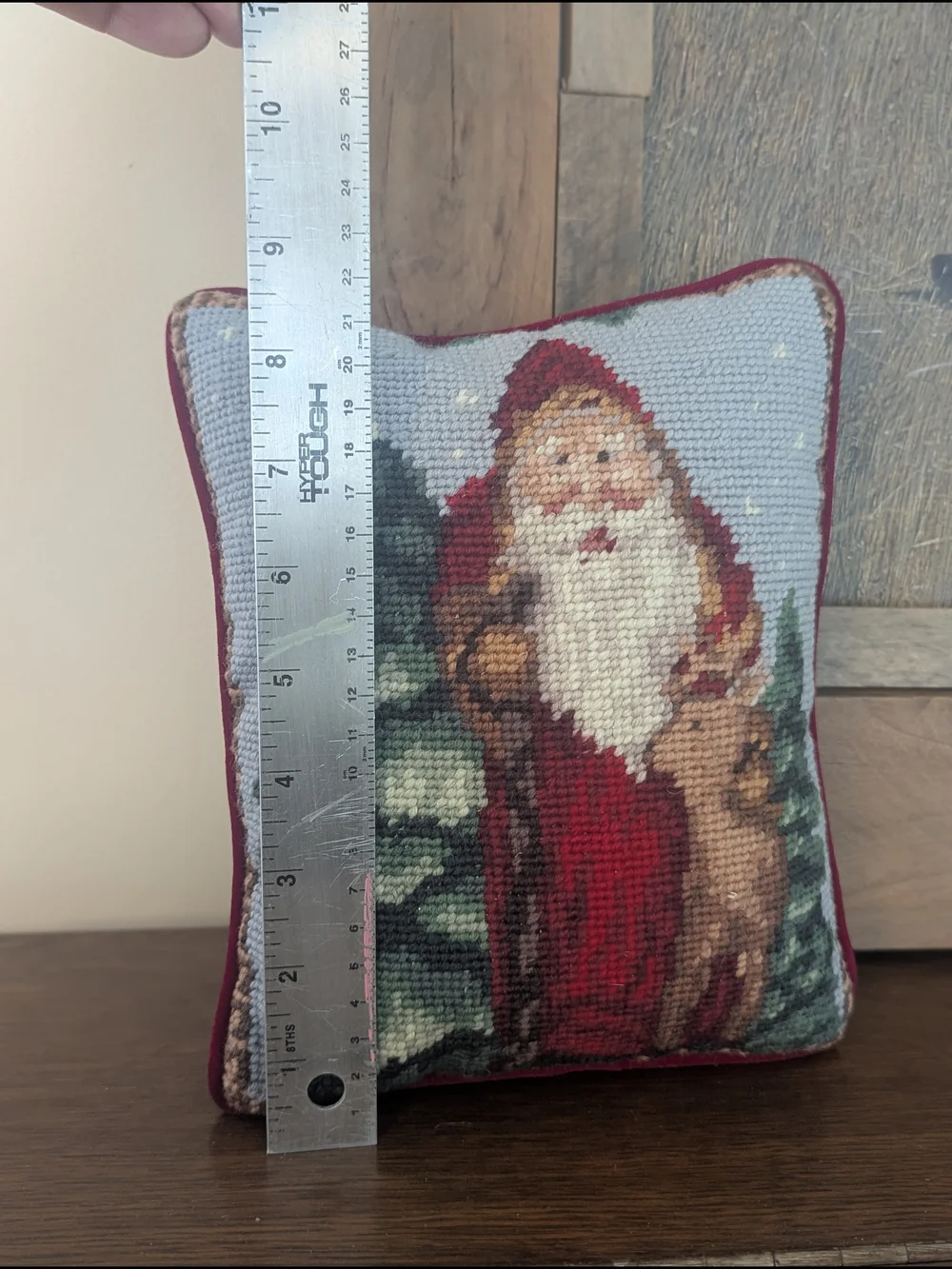 Hand-Stitched Santa Claus Christmas Needlepoint Pillow Vintage